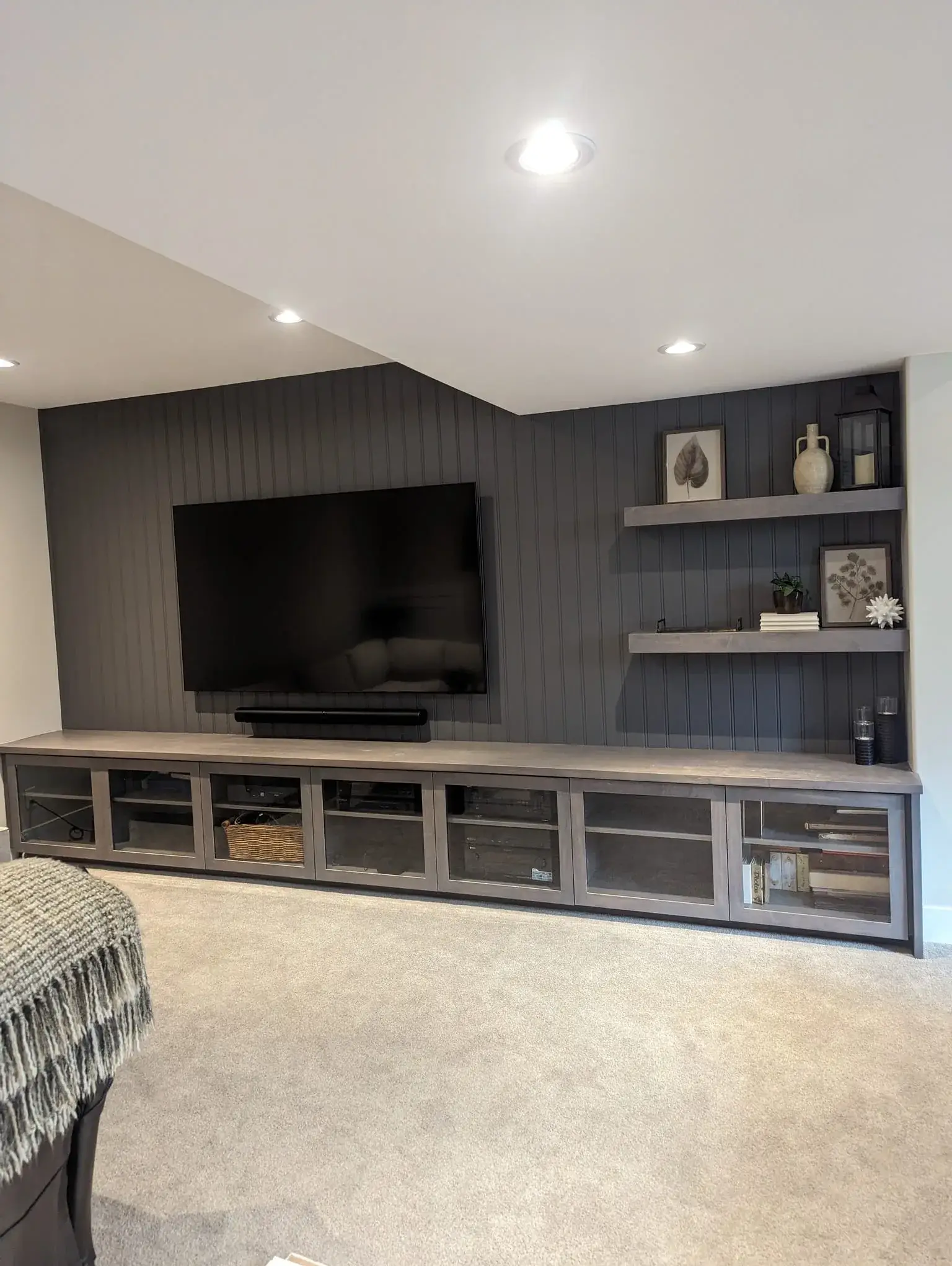 Finished entertainment cabinet with storage and media center